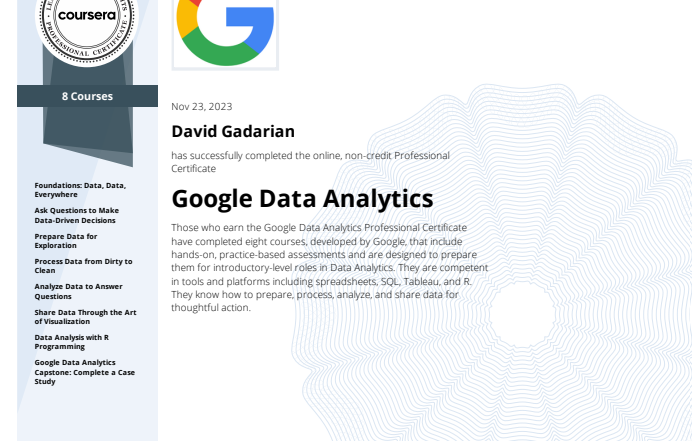 David Gadarian Google Data Analytics Coursera Certificate