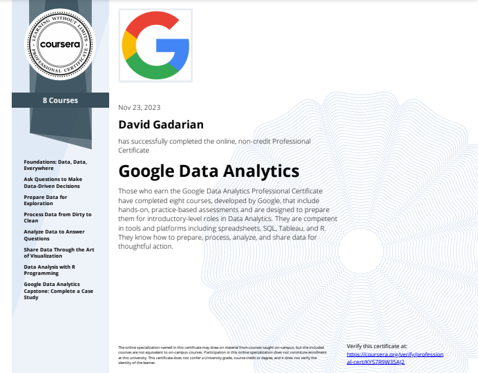 David Gadarian Google Data Analytics Coursera Certificate