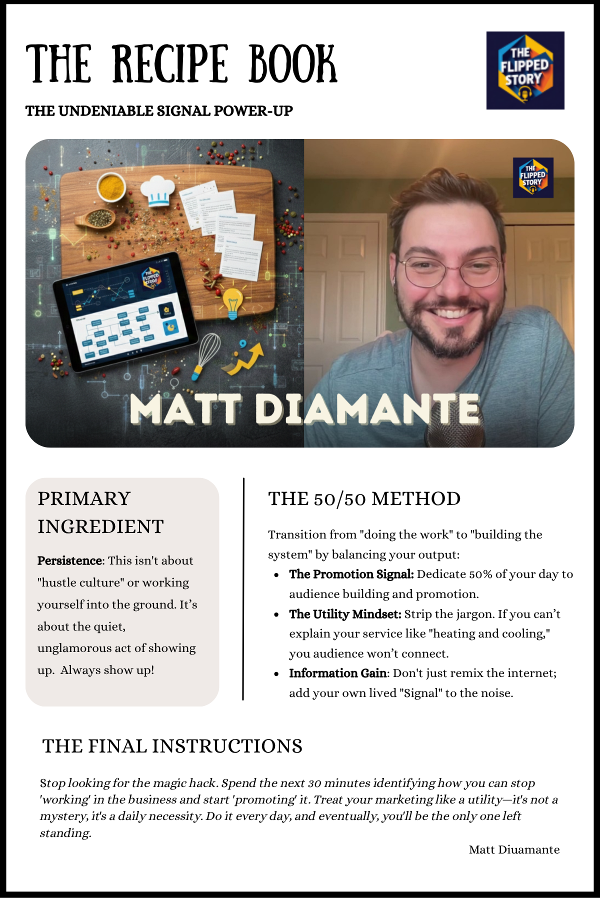 The Undeniable Signal Power-Up Recipe Card featuring Matt Diamante's SEO scaling tips: Radical Persistence, 50/50 Rule, and Information Gain.