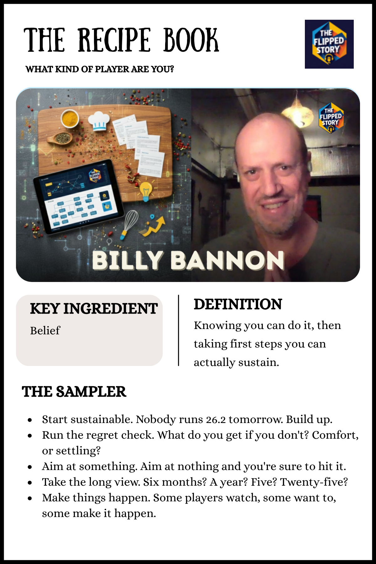 The Flipped Story Recipe Book card for Billy Bannon: key ingredient Belief, plus a five-ingredient sampler