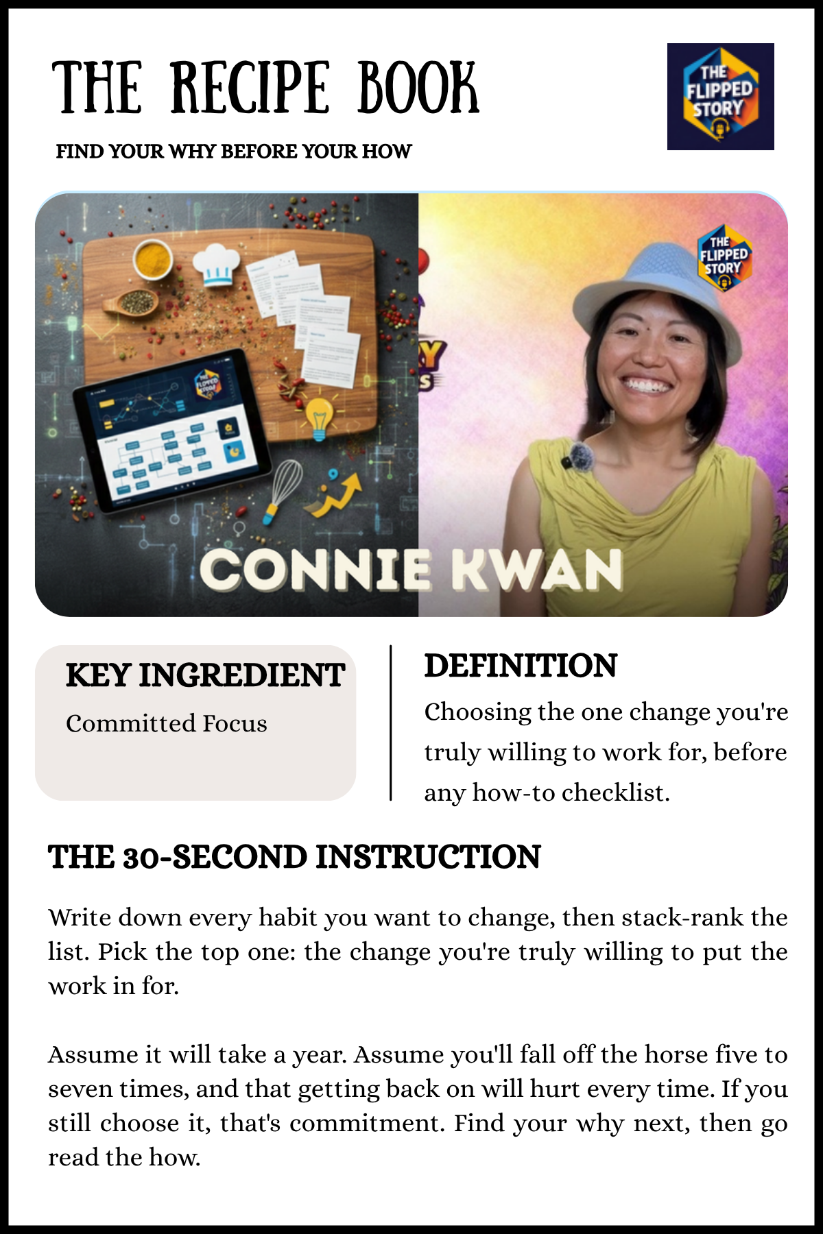 The Flipped Story Recipe Book card: Connie Kwan, Committed Focus